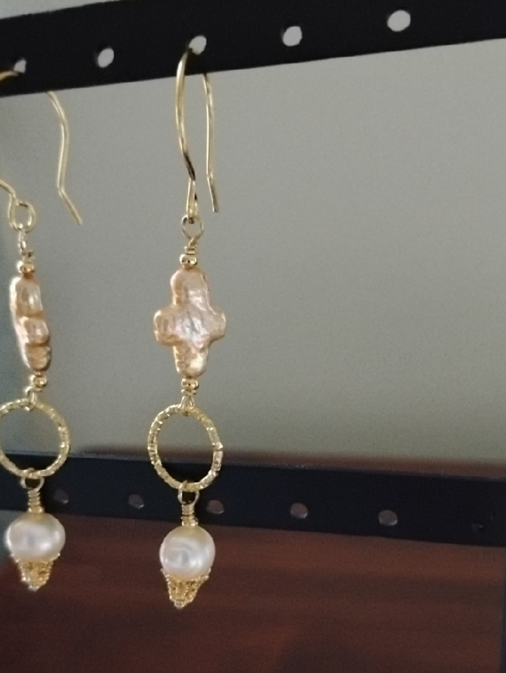 Hand Crafted Gold Cross Pearl Drop Earrings With White Fresh Water Pearls - Picture 2 of 6